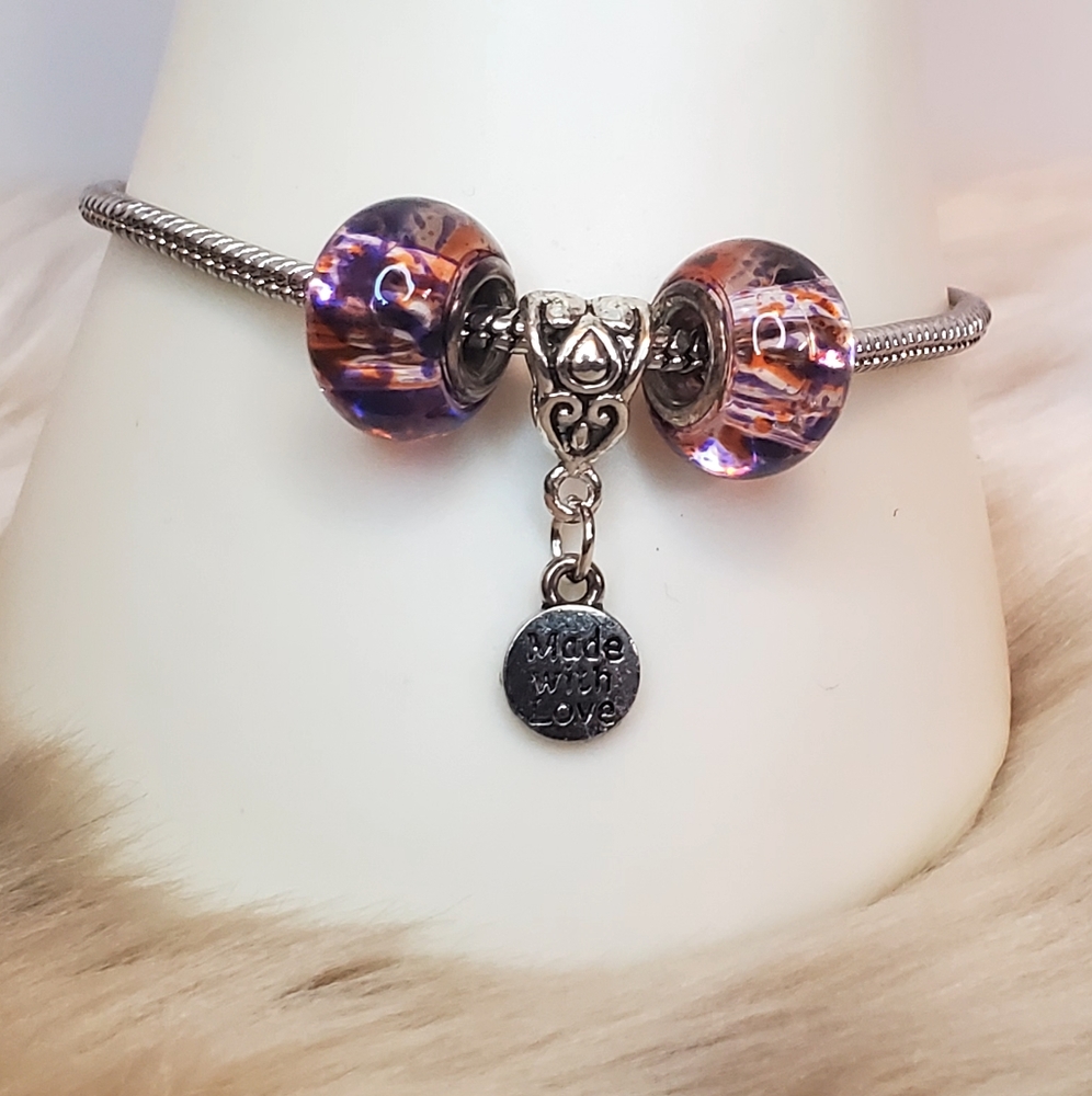 European glass white beads Snake Chain Heart Beaded Bracelet with charm